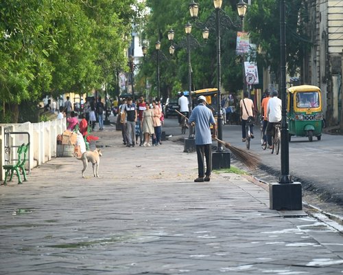 A quiet historic street pavement with neighborhood walkways suitable for gentle recreation and active walking